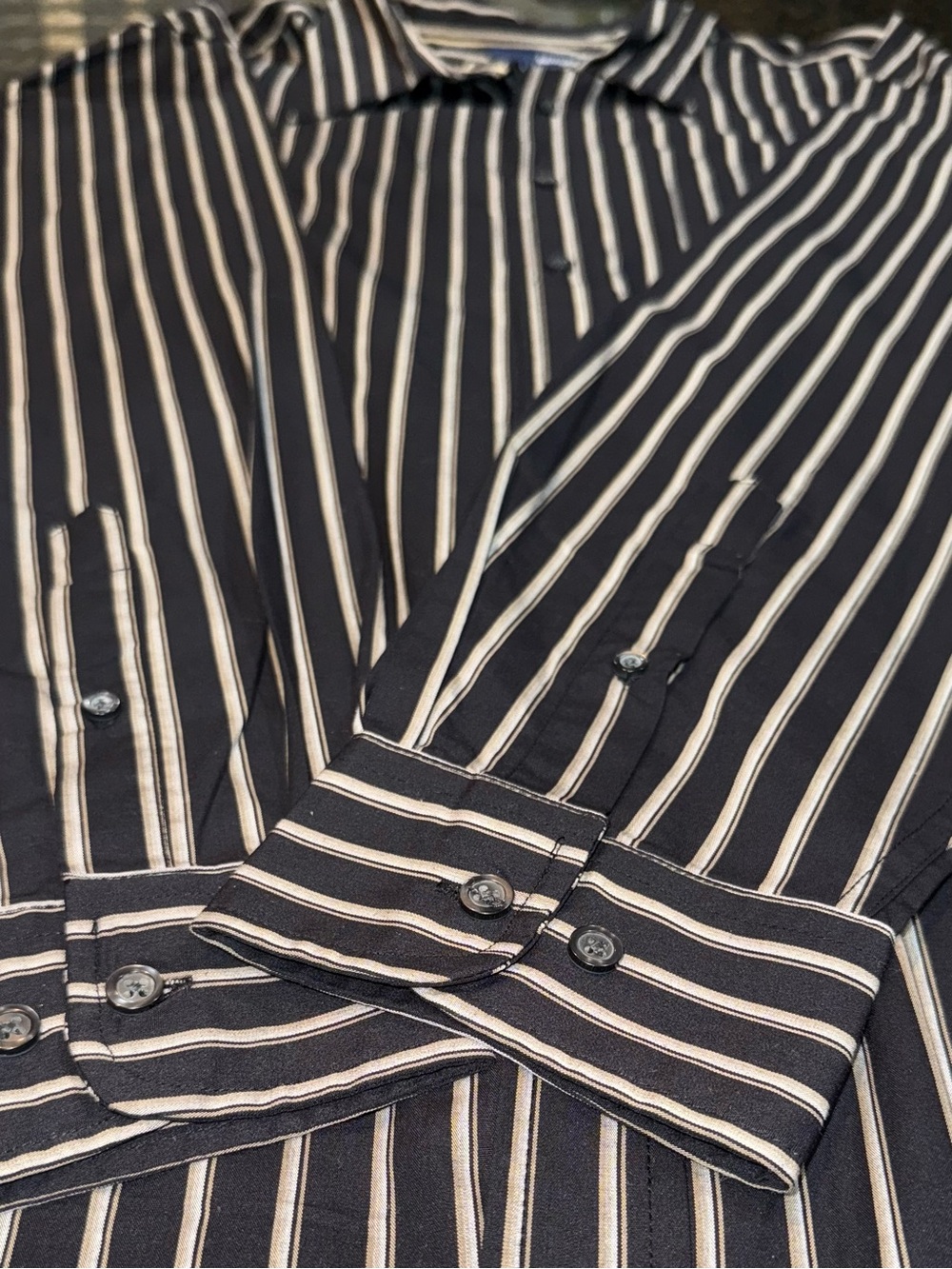 Basic Editions Black and Tan Vertical Stripe Button Down Shirt